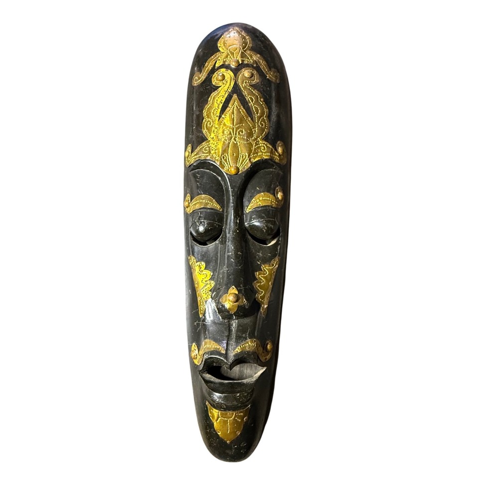 Hand Carved‎ Black Tribal Mask Gold Accents Indonesian Decor